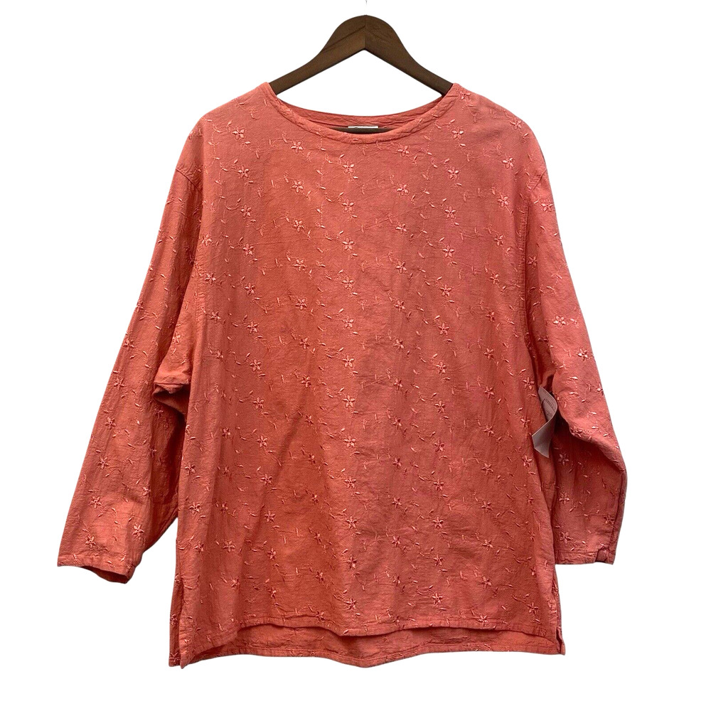 Embroidered Cotton Long Sleeve Blouse Womens Medium Dusty Rose USA Minimalist